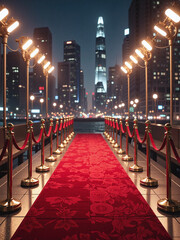 Red carpet with golden rails, spotlights shining, cityscape backdrop,A glamorous entrance capturing prestige and excitement.