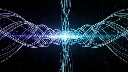 Abstract visualization of quantum energy and data transmission concepts, featuring vibrant blue and purple light waves creating a dynamic futuristic network representation