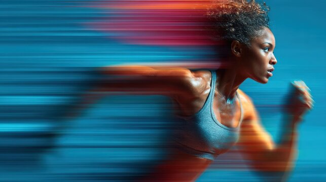 A determined athlete races with blazing speed, capturing the essence of motion with dynamic streaks of color. ..Created with Generative AI, not depicting real subjects.