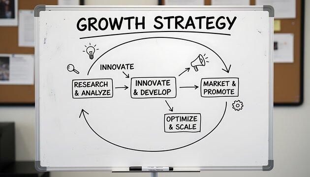 Whiteboard illustrating a comprehensive growth strategy flowchart with steps like research, innovate, market, and optimize for business development.