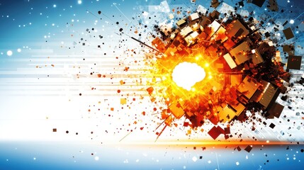 Dynamic Explosion Flashing Light with Fiery Particles Radiating in Motion on Bright Background