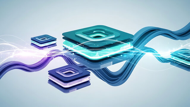Abstract digital data flow concept with glowing layered squares and dynamic energy waves illustrating advanced technological connectivity and futuristic network processes - Powered by Adobe
