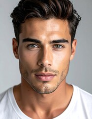 Obraz premium A handsome man's close-up portrait with dark hair and striking eyes