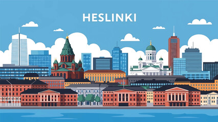 Helsinki city postcard vector illustration with coastal skyline and clean architecture in flat solid colors, modern travel poster design for tourism and branding