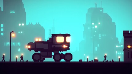 Futuristic Cityscape with Pixel Art Robot and Silhouettes of People in a Neon Glow Atmosphere