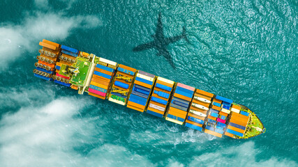 Aerial view of the freight shipping transport system cargo ship container. international transportation Export-import business, logistics, transportation industry concepts	