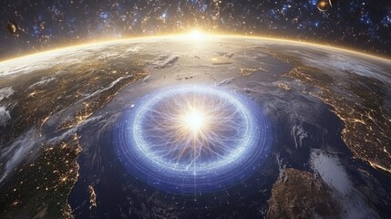 Stunning Galactic View with Luminous Energy Source Above Earth at Dawn