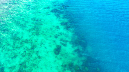 Obraz premium Aerial bird's eye view of tropical coastline with turquoise sea and coconut palm plantation.crystal clear ocean water and coral reefs on tropical island exotic beach with emerald sea water