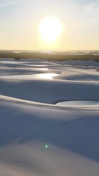Lencois Maranhenses In Santo Amaro Maranhao Brazil. Unique Landscape Of White Sand Dunes And Crystal-Clear Lagoons. Sunset Coast Horizon City Seaside. International Panoramic. Santo Amaro Maranhao.