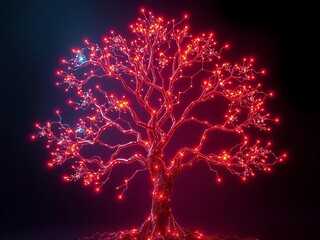 Futuristic glowing tree with interconnected nodes and pulsating light,  nodes,  growth