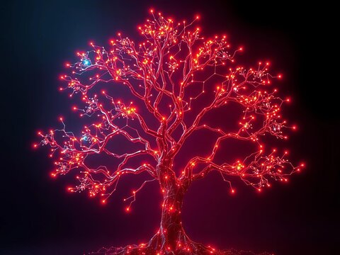 Futuristic glowing tree with interconnected nodes and pulsating light, nodes, growth - Powered by Adobe