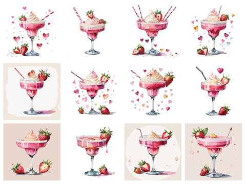Valentine&rsquo;s Day Strawberry Dessert Drink Illustration Set &mdash; Romantic Watercolor Cocktails with Hearts