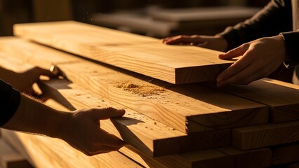 Carpenters working with wooden planks together.