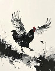 A vibrant ink painting of a chicken drawn with a brush　筆で描いた躍動する鶏の墨絵