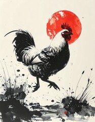 A vibrant ink painting of a chicken drawn with a brush　筆で描いた躍動する鶏の墨絵