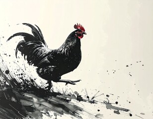 A vibrant ink painting of a chicken drawn with a brush　筆で描いた躍動する鶏の墨絵