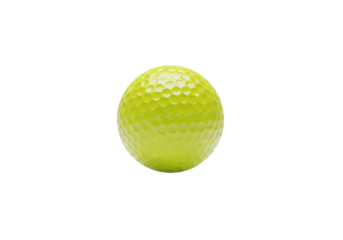 A pristine, centered, hyper-saturated neon yellow golf ball with deep dimples and reflective polish, macro product shot on a transparent studio background. Concept of precise sports equipment