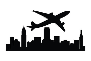 Airplane Takeoff Over City Skyline Silhouette