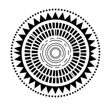 Abstract geometric tribal mandala featuring concentric rings of sharp sunburst triangles, dashed lines, and radial bars in a bold black and white circular ornament for tattoo or logo design