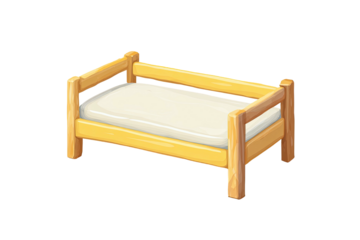Simple cartoon bed with wood frame, light mattress