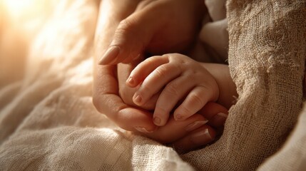 The baby holds its mother's hand as it lies on a soft blanket.