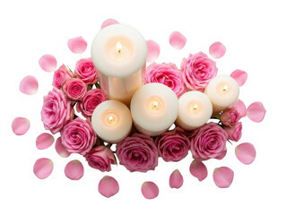 White candles with pink roses isolated on transparent background
