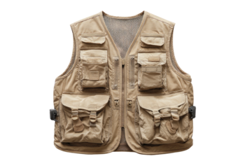 Beige vest w/ many pockets, buckles, and zippers