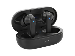 Black wireless earbuds in case isolated on transparent background