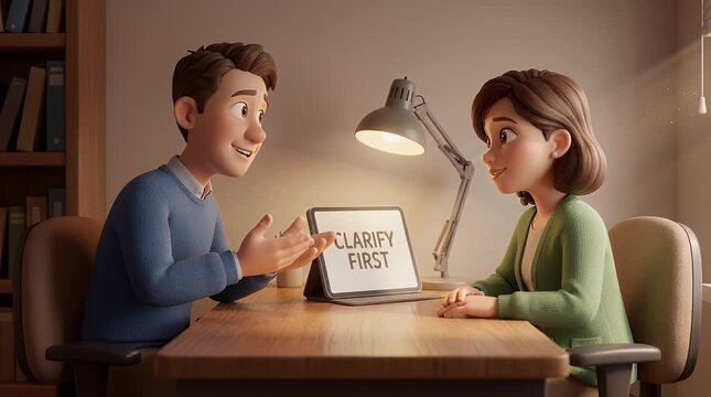 Animated couple at desk with tablet clarify first message