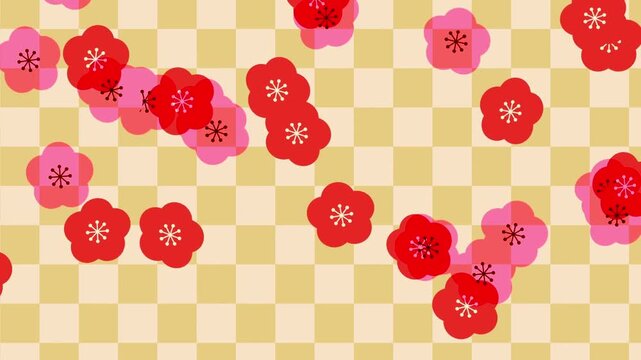 Japanese New Year background with plum blossoms and checkered pattern