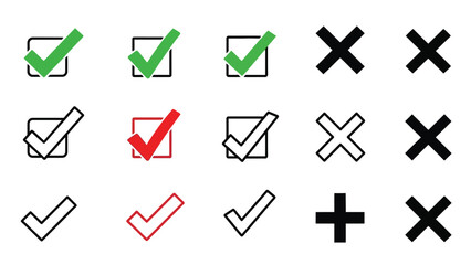 Collection of check marks crosses and plus signs in black red and green