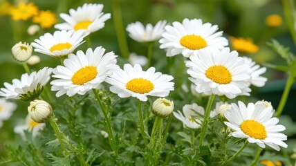 Obraz premium Close-Up of White Daisies with Yellow Centers in a Lush Green Meadow