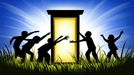 Children Silhouettes Reaching for Doorway of Light Surrounded by Grass and Blue Sky in a Whimsical Artistic Representation