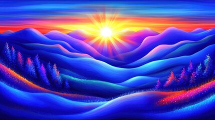 Vibrant Sunrise Over Abstract Mountain Landscape in Bold Colors and Fluid Forms Capturing Nature's Beauty