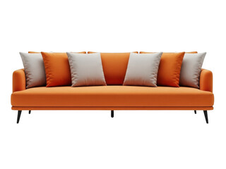 Modern orange sofa with pillows isolated on transparent background