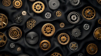 Intricate gears on a dark fabric background.