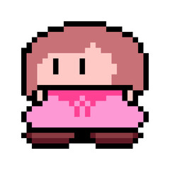 Tiny Girl with Pink Dress, Pixel Art Icon, Isolated