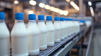 Production line of milk bottles in factory.