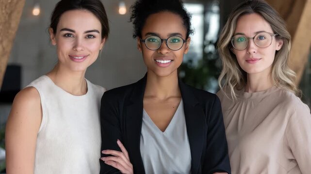Successful team of diverse businesswomen smiling together in a modern office environment, showcasing confidence and unity in their professional journey