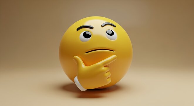 3D render illustration of a thinking emoji with hand on chin, expressing doubt, curiosity, and contemplation.