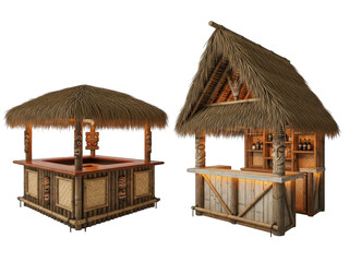 Tiki bar with thatched roof and wooden counter isolated on transparent background