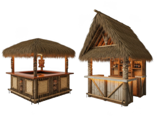 Tiki bar with thatched roof and wooden counter isolated on transparent background