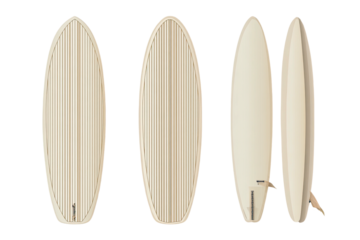 Four off-white surfboards on black background