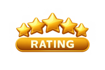 Five golden stars with rating word on a transparent background, symbolizing top score, review, and quality feedback
