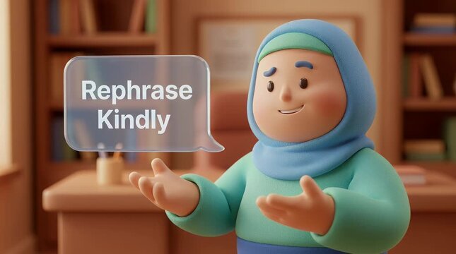 Animated figure with speech bubble offering rephrasing advice