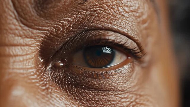 Close up extreme macro shot of an elderly persons eye showing wrinkles and texture.
