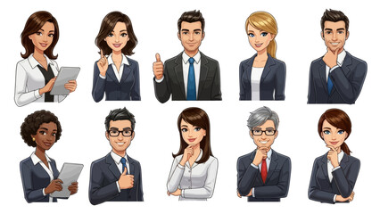 Diverse business professionals in various poses and expressions
