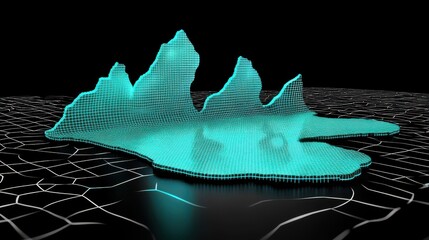 3D Digital Representation of Abstract Landscape with Wireframe Effect in Neon Blue Color on Dark Background