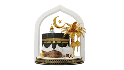 Islamic Holy Symbols with Kaaba, Crescent Moon, Palm Tree, and Cow