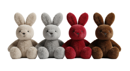 four detailed plush toy bunnies with extremely soft mohair-like texture (beige, grey, red, brown) sitting in a row on a sterile white background, macro perspective. concept of nostalgic childhood